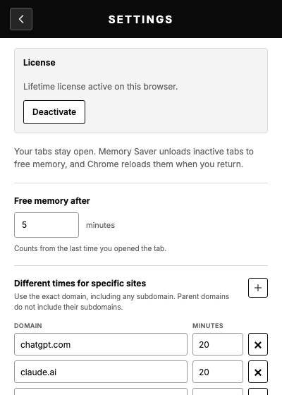 Memory Saver settings showing an active lifetime license and site timing controls